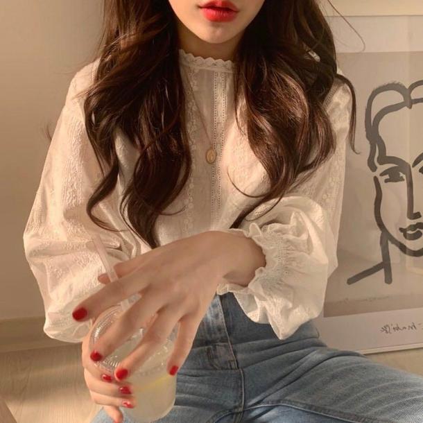 フレアカフスフラワーブラウス 6744-white_即納6744-画像7-韓国ファッション通販POPREA［ポップリア］