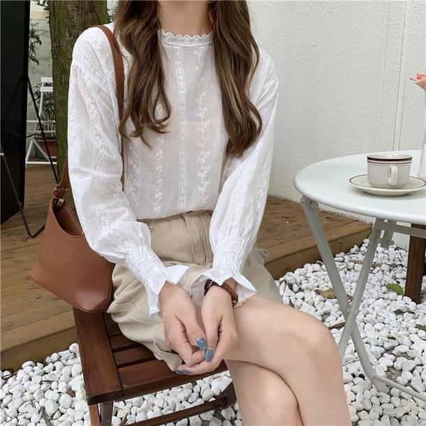 フレアカフスフラワーブラウス 6744-white_即納6744-画像8-韓国ファッション通販POPREA［ポップリア］