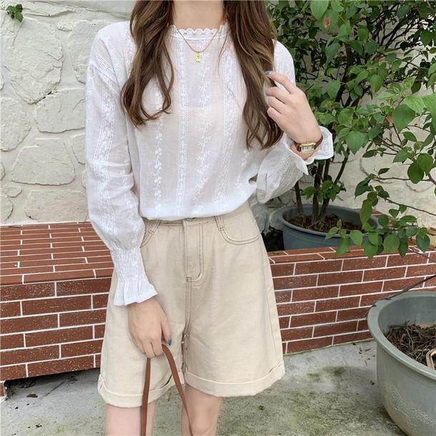 フレアカフスフラワーブラウス 6744-white_即納6744-画像9-韓国ファッション通販POPREA［ポップリア］