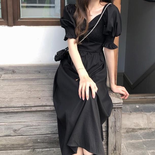 Vネックフレンチブラックワンピース 6680-black_即納6680-画像10-韓国ファッション通販POPREA［ポップリア］