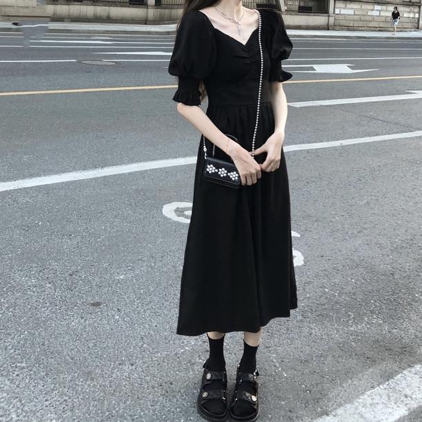 Vネックフレンチブラックワンピース 6680-black_即納6680-画像11-韓国ファッション通販POPREA［ポップリア］