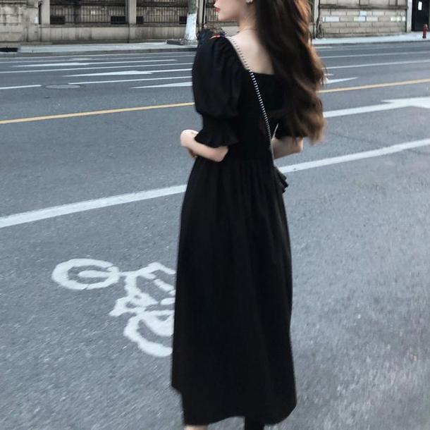 Vネックフレンチブラックワンピース 6680-black_即納6680-画像12-韓国ファッション通販POPREA［ポップリア］