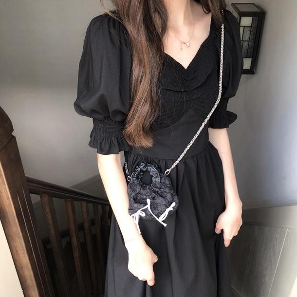 Vネックフレンチブラックワンピース 6680-black_即納6680-画像2-韓国ファッション通販POPREA［ポップリア］