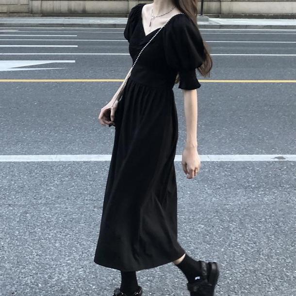 Vネックフレンチブラックワンピース 6680-black_即納6680-画像3-韓国ファッション通販POPREA［ポップリア］