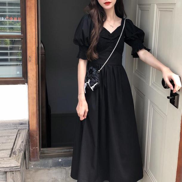 Vネックフレンチブラックワンピース 6680-black_即納6680-画像4-韓国ファッション通販POPREA［ポップリア］