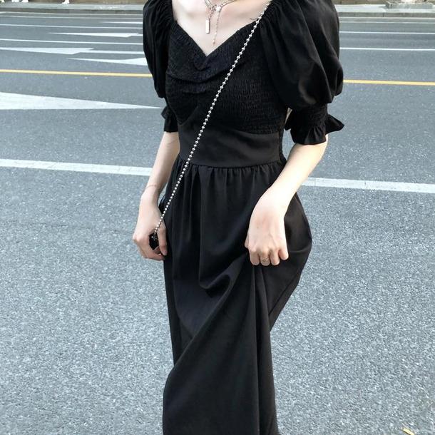 Vネックフレンチブラックワンピース 6680-black_即納6680-画像5-韓国ファッション通販POPREA［ポップリア］