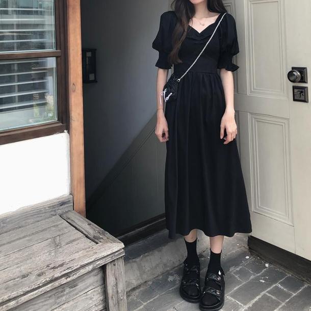 Vネックフレンチブラックワンピース 6680-black_即納6680-画像6-韓国ファッション通販POPREA［ポップリア］