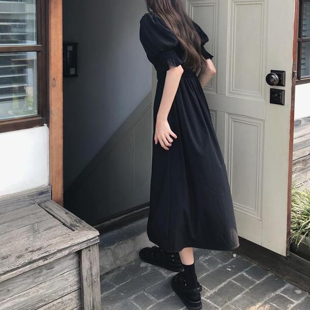 Vネックフレンチブラックワンピース 6680-black_即納6680-画像7-韓国ファッション通販POPREA［ポップリア］