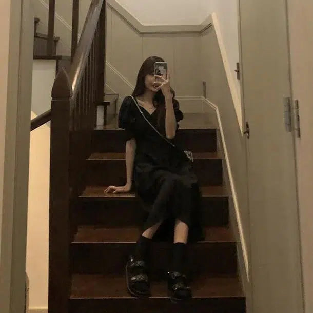 Vネックフレンチブラックワンピース 6680-black_即納6680-画像8-韓国ファッション通販POPREA［ポップリア］