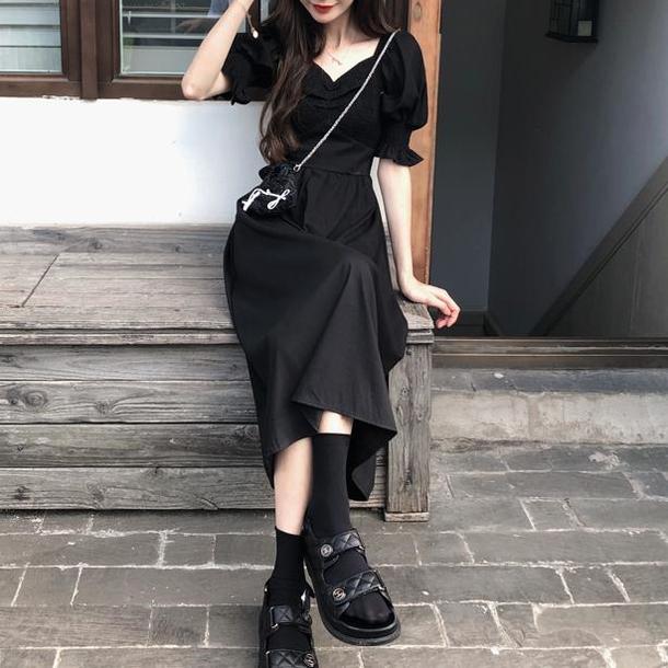 Vネックフレンチブラックワンピース 6680-black_即納6680-画像9-韓国ファッション通販POPREA［ポップリア］