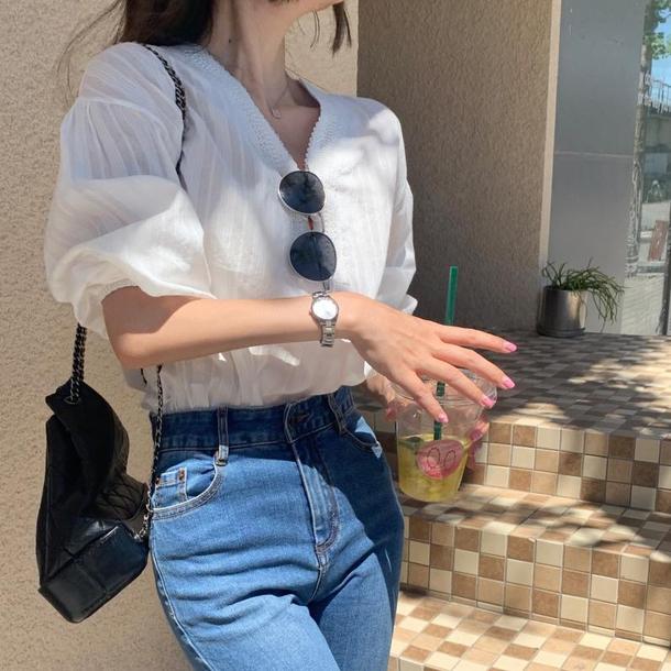 七分丈レースVネックブラウス﻿ 6641-white_即納6641-画像10-韓国ファッション通販POPREA［ポップリア］