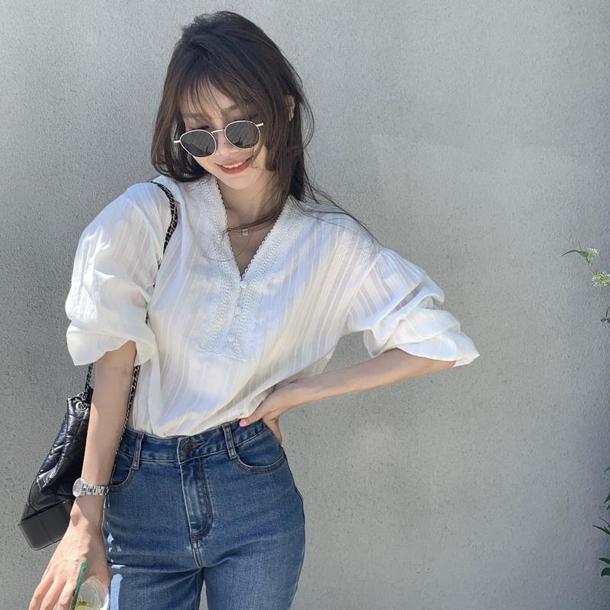 七分丈レースVネックブラウス﻿ 6641-white_即納6641-画像2-韓国ファッション通販POPREA［ポップリア］