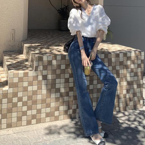 七分丈レースVネックブラウス﻿ 6641-white_即納6641-画像3-韓国ファッション通販POPREA［ポップリア］