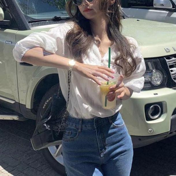 七分丈レースVネックブラウス﻿ 6641-white_即納6641-画像4-韓国ファッション通販POPREA［ポップリア］