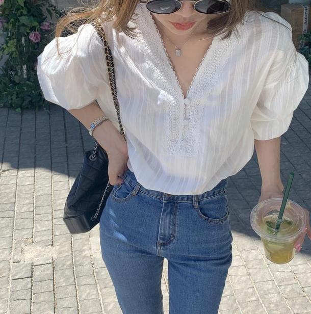 七分丈レースVネックブラウス﻿ 6641-white_即納6641-画像5-韓国ファッション通販POPREA［ポップリア］