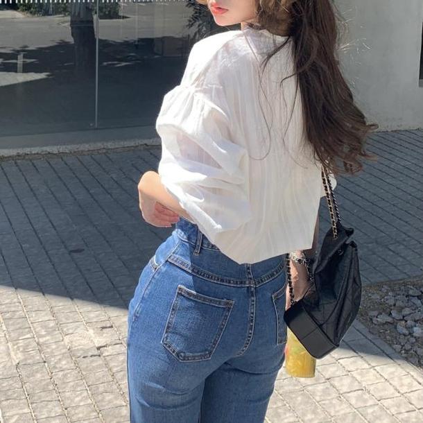 七分丈レースVネックブラウス﻿ 6641-white_即納6641-画像6-韓国ファッション通販POPREA［ポップリア］