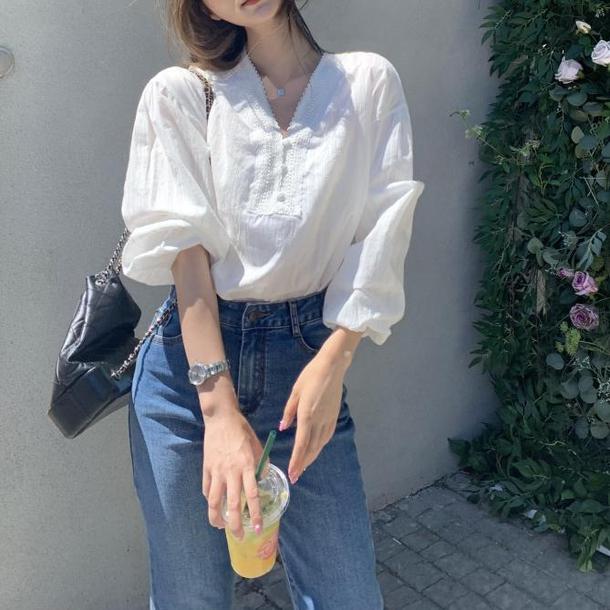 七分丈レースVネックブラウス﻿ 6641-white_即納6641-画像7-韓国ファッション通販POPREA［ポップリア］