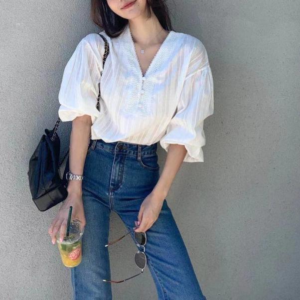 七分丈レースVネックブラウス﻿ 6641-white_即納6641-画像9-韓国ファッション通販POPREA［ポップリア］