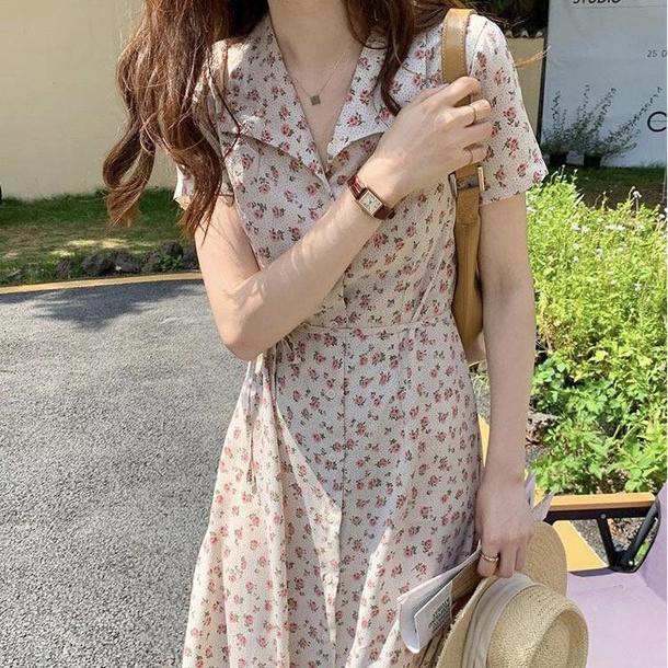 小花柄オープンカラーワンピース 6752-ivory_即納6752-画像2-韓国ファッション通販POPREA［ポップリア］