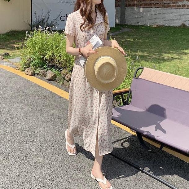 小花柄オープンカラーワンピース 6752-ivory_即納6752-画像1-韓国ファッション通販POPREA［ポップリア］