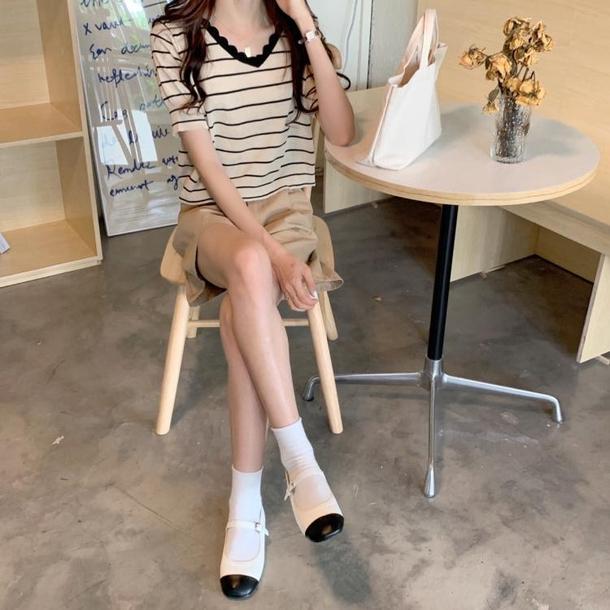 ウェーブVラインボーダーTEE 6745-ivory_即納6745-画像4-韓国ファッション通販POPREA［ポップリア］