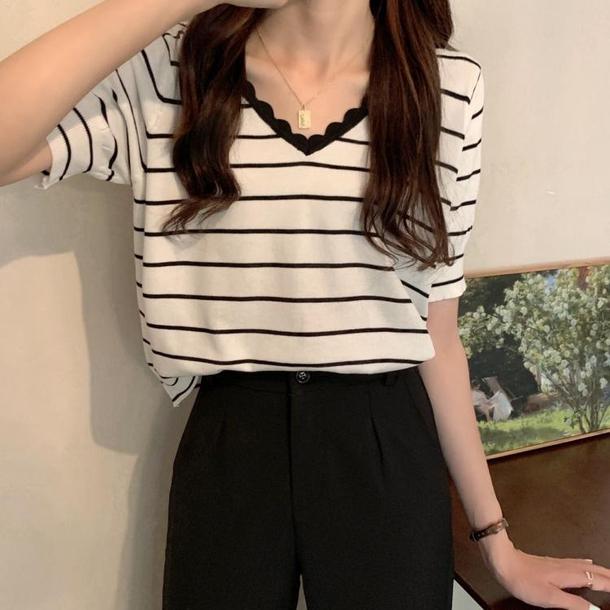 ウェーブVラインボーダーTEE 6745-ivory_即納6745-画像5-韓国ファッション通販POPREA［ポップリア］