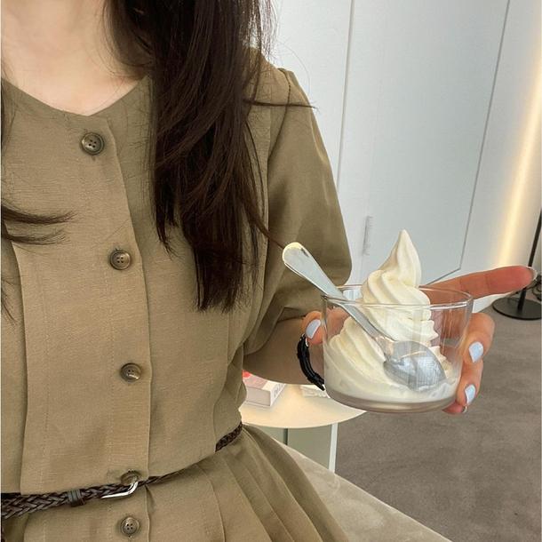 パフスリーブカーキミドルワンピース﻿﻿ 6647-khaki_即納6647-画像10-韓国ファッション通販POPREA［ポップリア］