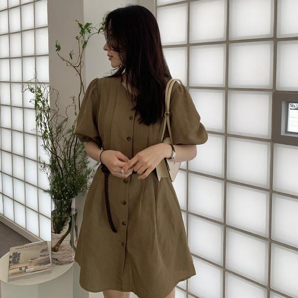 パフスリーブカーキミドルワンピース﻿﻿ 6647-khaki_即納6647-画像2-韓国ファッション通販POPREA［ポップリア］