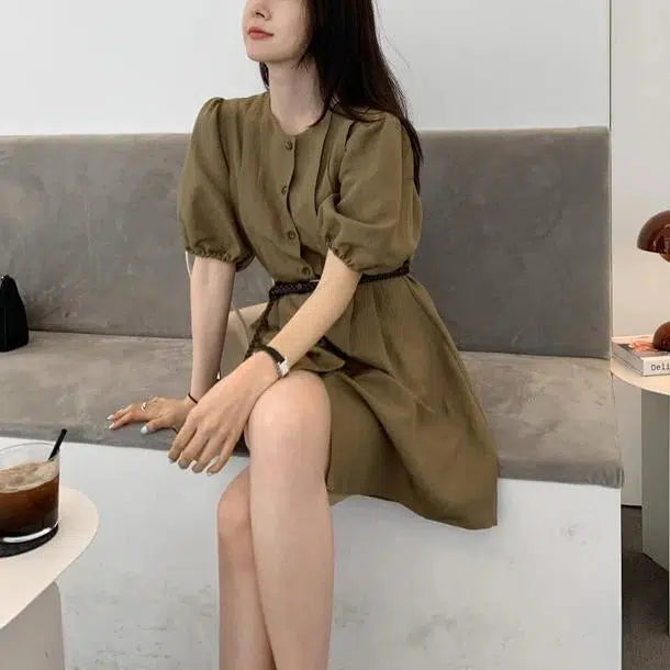 パフスリーブカーキミドルワンピース﻿﻿ 6647-khaki_即納6647-画像3-韓国ファッション通販POPREA［ポップリア］