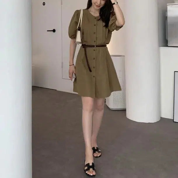 パフスリーブカーキミドルワンピース﻿﻿ 6647-khaki_即納6647-画像4-韓国ファッション通販POPREA［ポップリア］