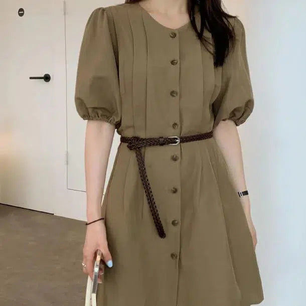 パフスリーブカーキミドルワンピース﻿﻿ 6647-khaki_即納6647-画像5-韓国ファッション通販POPREA［ポップリア］