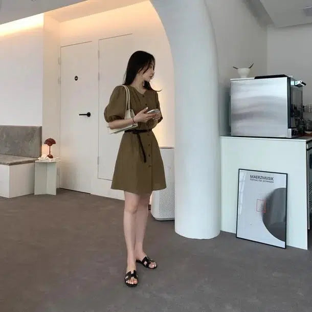 パフスリーブカーキミドルワンピース﻿﻿ 6647-khaki_即納6647-画像6-韓国ファッション通販POPREA［ポップリア］