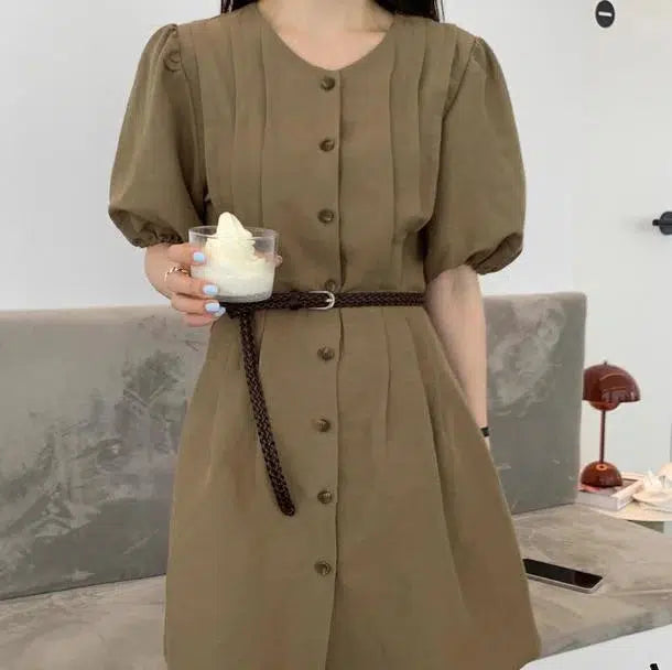 パフスリーブカーキミドルワンピース﻿﻿ 6647-khaki_即納6647-画像7-韓国ファッション通販POPREA［ポップリア］