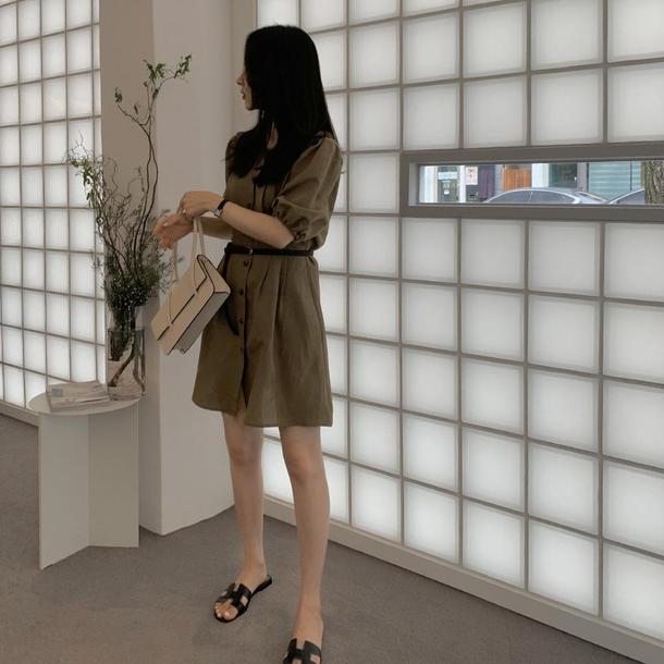 パフスリーブカーキミドルワンピース﻿﻿ 6647-khaki_即納6647-画像8-韓国ファッション通販POPREA［ポップリア］