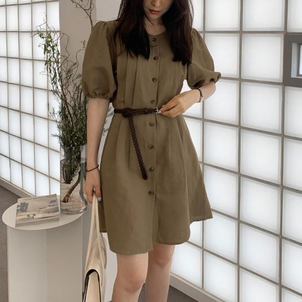 パフスリーブカーキミドルワンピース﻿﻿ 6647-khaki_即納6647-画像9-韓国ファッション通販POPREA［ポップリア］