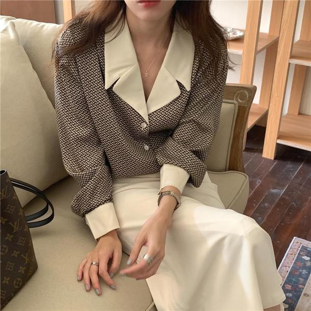 ノスタルジックオープンカラーブラウス 6290-dark-brown_即納6290-画像2-韓国ファッション通販POPREA［ポップリア］