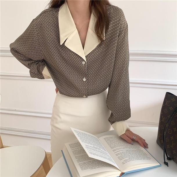 ノスタルジックオープンカラーブラウス 6290-dark-brown_即納6290-画像3-韓国ファッション通販POPREA［ポップリア］