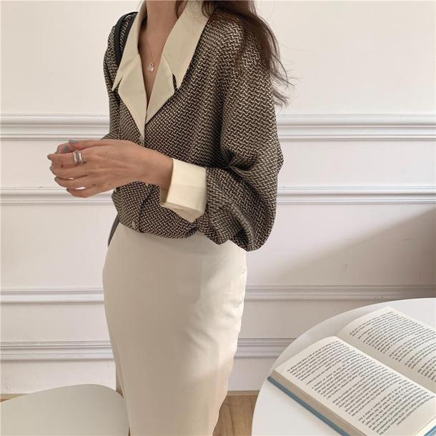 ノスタルジックオープンカラーブラウス 6290-dark-brown_即納6290-画像4-韓国ファッション通販POPREA［ポップリア］