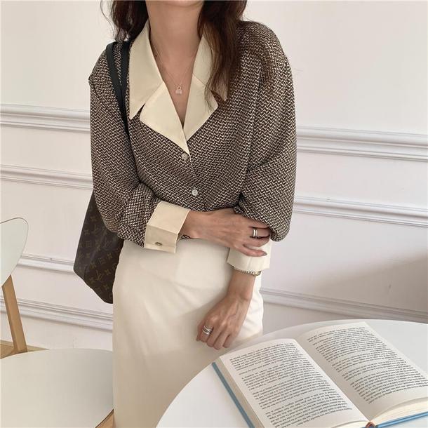 ノスタルジックオープンカラーブラウス 6290-dark-brown_即納6290-画像5-韓国ファッション通販POPREA［ポップリア］