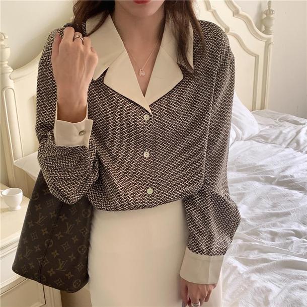 ノスタルジックオープンカラーブラウス 6290-dark-brown_即納6290-画像1-韓国ファッション通販POPREA［ポップリア］