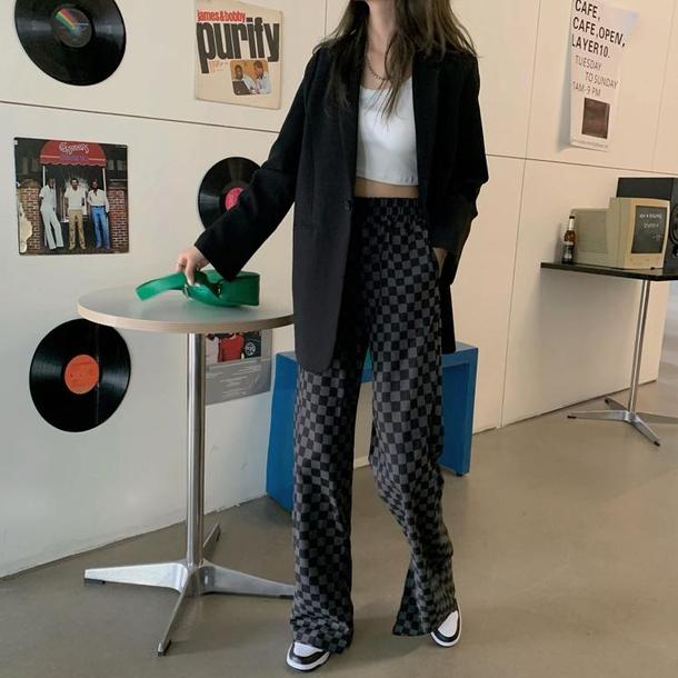 ブロックチェックスリットパンツ 6600-black_即納6600-画像10-韓国ファッション通販POPREA［ポップリア］