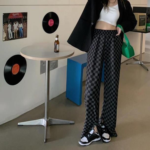 ブロックチェックスリットパンツ 6600-black_即納6600-画像2-韓国ファッション通販POPREA［ポップリア］