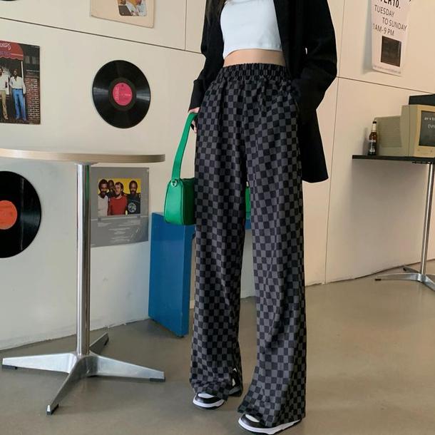 ブロックチェックスリットパンツ 6600-black_即納6600-画像3-韓国ファッション通販POPREA［ポップリア］