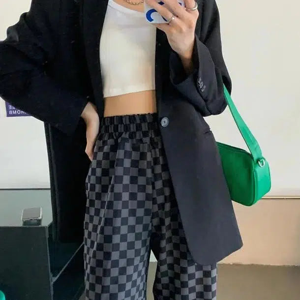 ブロックチェックスリットパンツ 6600-black_即納6600-画像5-韓国ファッション通販POPREA［ポップリア］