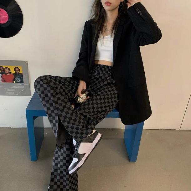 ブロックチェックスリットパンツ 6600-black_即納6600-画像6-韓国ファッション通販POPREA［ポップリア］