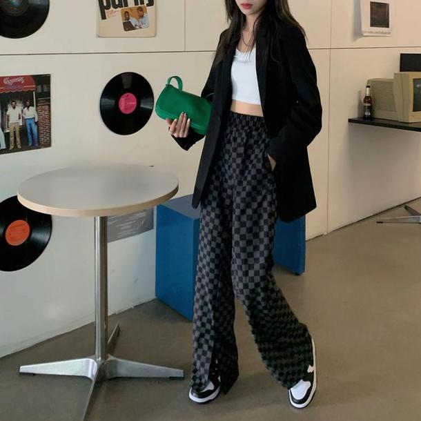 ブロックチェックスリットパンツ 6600-black_即納6600-画像7-韓国ファッション通販POPREA［ポップリア］