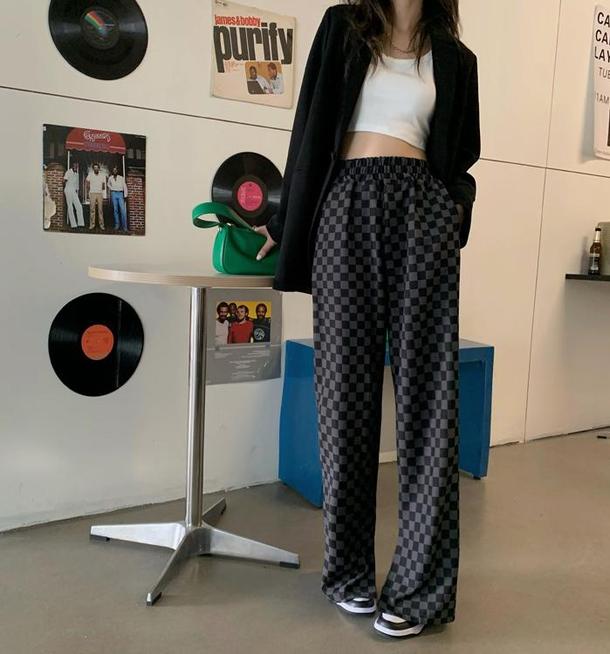 ブロックチェックスリットパンツ 6600-black_即納6600-画像8-韓国ファッション通販POPREA［ポップリア］