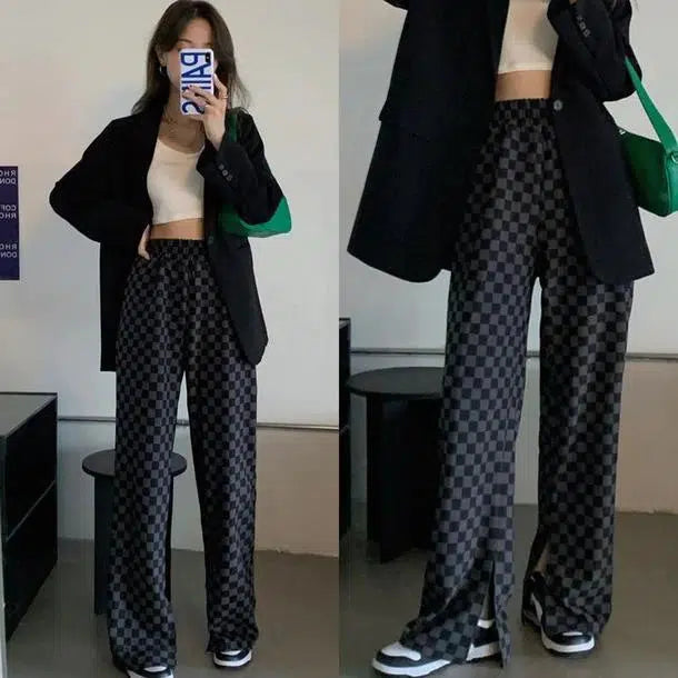 ブロックチェックスリットパンツ 6600-black_即納6600-画像9-韓国ファッション通販POPREA［ポップリア］