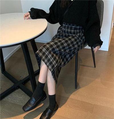 レトロチェックハイウエストミディスカート 6521-black_即納6521-画像3-韓国ファッション通販POPREA［ポップリア］