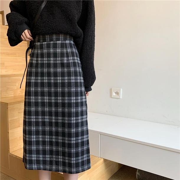 レトロチェックハイウエストミディスカート 6521-black_即納6521-画像5-韓国ファッション通販POPREA［ポップリア］